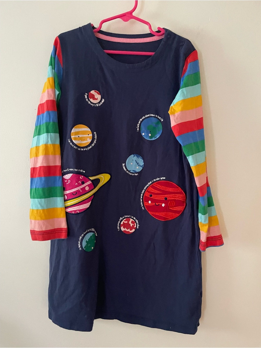 Navy Space Planet Dress with Rainbow Stripe Sleeves for Kids